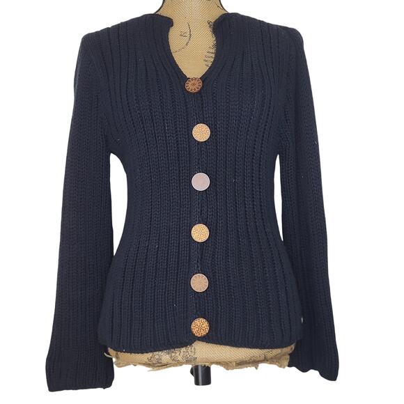 Pure Handknit 100% Black Cotton Wide Ribbed Knit Wood Buttons Cardigan Size S/M - Picture 1 of 9